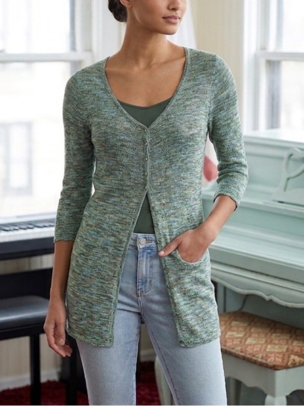 NIC+ZOE Green Linen Blend V-Neck Cardigan - 3/4 Sleeve - Size Small